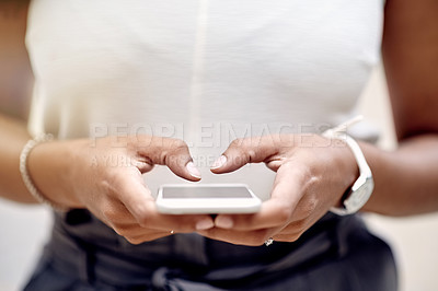 Buy stock photo Network, hands and businesswoman in office with smartphone for texting on social media or website. Break, search and female consultant with mobile in workplace for message, technology or chat on app