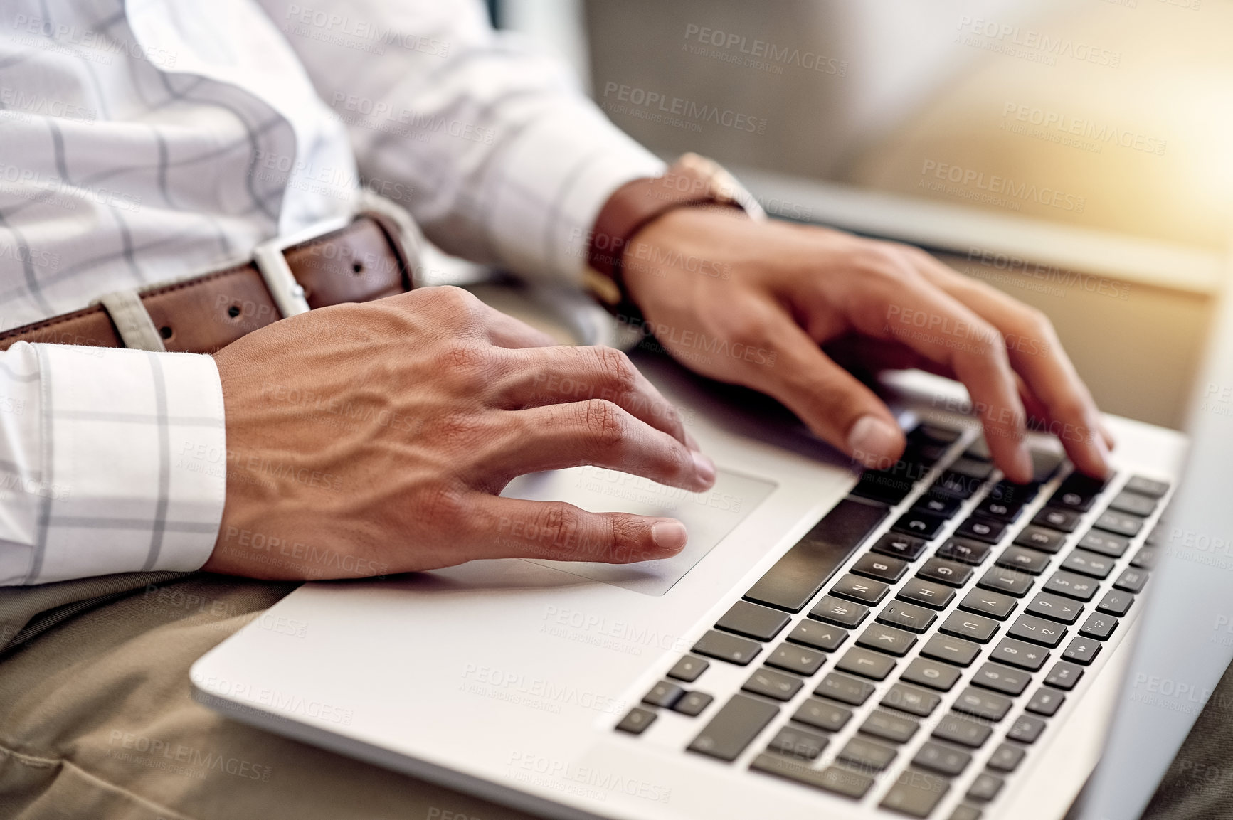 Buy stock photo Hands, keyboard or businessman with laptop in corporate for research, online news or legal aid. Court case, website or lawyer with digital technology in company with advisor, email or update review