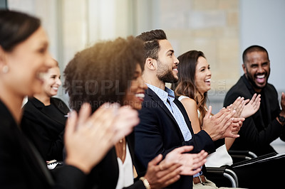 Buy stock photo Praise, laughing or businessman clapping in conference for success, team or corporate project. Happy people, development and applause of audience in convention for event, goals or winning achievement