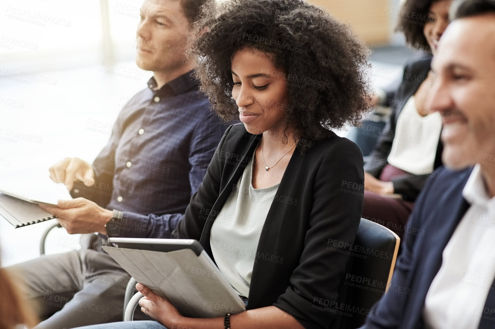 Buy stock photo Woman, tablet and business people with audience, workshop and typing for seminar event. Conference, information and technology with crowd, proposal and b2b support for presentation pitch at convention