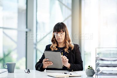 Buy stock photo Research, accounting or businesswoman on tablet in office for online report, finance or audit. Budget, review or banker on touchscreen in financial agency for equity, stock news and investment growth