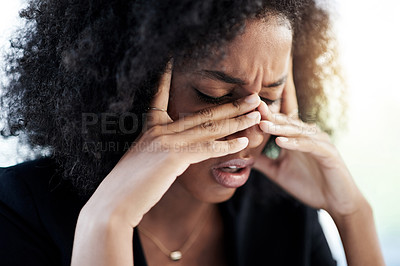Buy stock photo Loss, headache or black woman in company with anxiety, brain fog or financial risk crisis. Stress, mental breakdown or overworked finance accountant in office with job pressure, migraine pain or fail