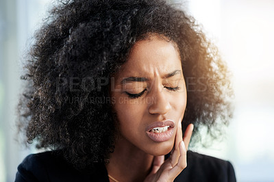 Buy stock photo Business woman, pain and toothache from dental cavity, tooth decay or gum disease in office. Consultant, employee and mouth ache from infection, poor oral hygiene or inflammation in creative agency