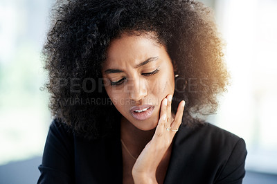 Buy stock photo Business woman, pain and toothache in office from dental cavity, tooth decay or gum disease. Consultant, employee and mouth ache from infection, poor oral hygiene and inflammation in creative agency