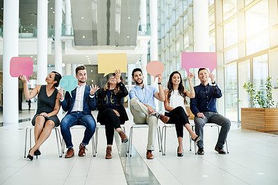 Buy stock photo Speech bubble, communication and business people in office for recruitment, space or HR survey. Hiring, portrait or candidates with chat sign for social media, feedback or opinion mockup in lobby