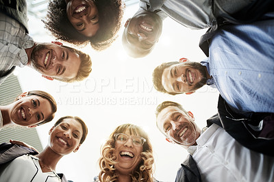 Buy stock photo Business people, portrait and low angle in circle for team building, meeting or motivation together in office. Group of employees, colleagues and diversity for collaboration, unity or community below