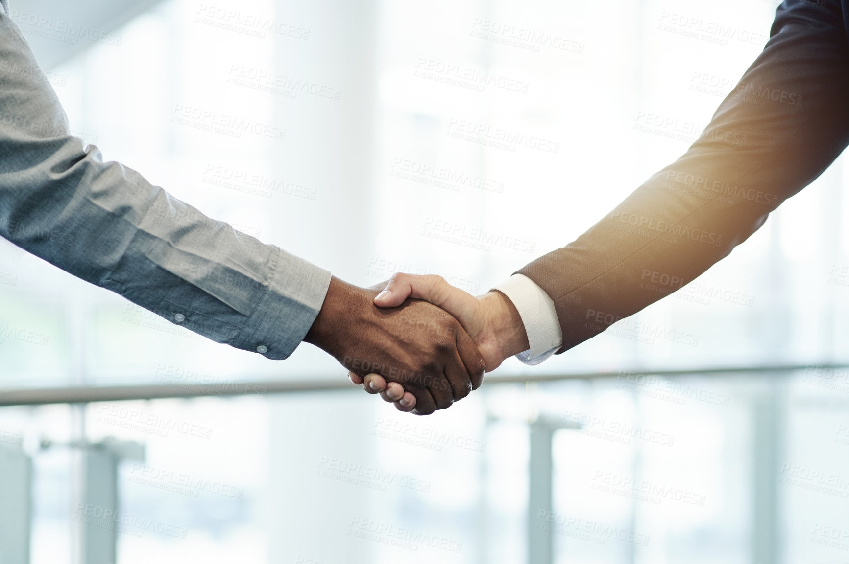 Buy stock photo Business people, promotion or handshake in company for teamwork, investment or B2B deal agreement. Meeting, executive director or entrepreneur greeting investor for collaboration, support or funding
