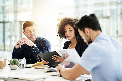 Buy stock photo Documents, team and meeting with business people in office for investment, research or budget proposal. Collaboration, treasury advisor or liquidity manager with employees for account report