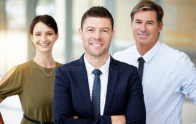Buy stock photo Portrait, recruitment and happy team by office building, about us and we are hiring for agency. Talent acquisition, join us and confident people with manager at work, job opportunity and leadership.