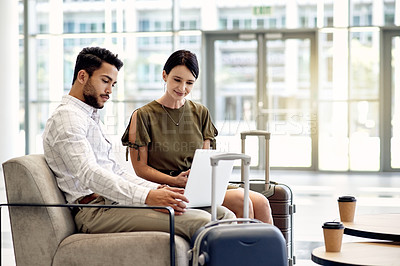 Buy stock photo Laptop, travel and reading with business people in airport lobby for planning, VIP lounge and research. Conference trip, conversation and collaboration with man and woman in airline club for email