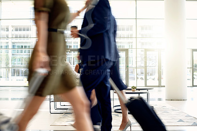 Buy stock photo Motion blur, business trip and people with suitcase, airport or walking to flight and international. Corporate, group and luggage for job opportunity, travel and global journey for career growth