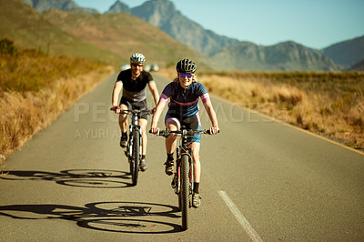 Buy stock photo Fitness, cycling and couple with bicycle outdoor for sports, exercise and workout together. Bike, man and happy woman on road for training, cardio challenge and balance for health in countryside