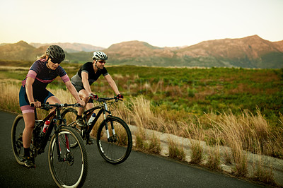 Buy stock photo Cycling, nature and couple with bicycle on mountain for sports hobby, training and outdoor exercise. Workout, fitness and man with woman on bike for adventure, journey and wellness in countryside