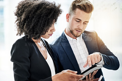 Buy stock photo Business, teamwork and people in office, tablet and conversation with feedback for budget report. Financial agency, cooperation and employees with tech, digital app and email with accounting proposal