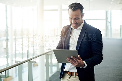 Buy stock photo Office, lobby and businessman on tablet for online investment, research or reading finance report. Corporate, lobby and person on digital tech for proposal review, financial planning or website
