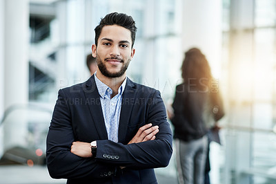 Buy stock photo Arms crossed, conference and portrait of business man in lobby for expo, symposium or tradeshow. Corporate, forum and summit with professional employee in foyer of convention center for development
