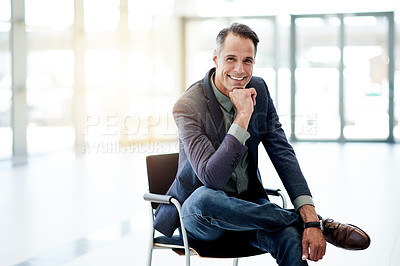 Buy stock photo Professional, chair and portrait of businessman in office with confidence for finance company. Smile, happy and male financial CEO from London with pride for corporate career growth in workplace.