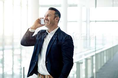 Buy stock photo Laugh, phone call and mature business man networking, chat and investment guidance. Space, financial consultant and communication with contact for funny joke, conversation or wealth advice in office