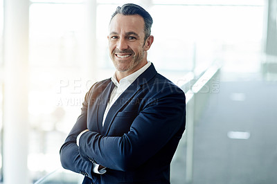Buy stock photo Office, portrait or mature businessman with arms crossed for investment project or venture capital. Investor, smile or executive director at workspace with confidence, private equity or finance job