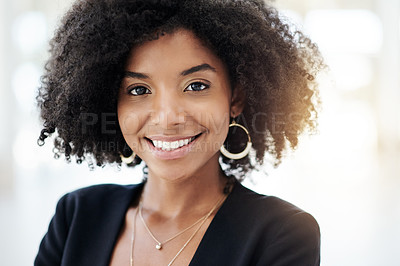 Buy stock photo Company, portrait and smile of business woman in lobby for professional career development. About us, convention center and face of happy employee in foyer for mission or pride of corporate growth
