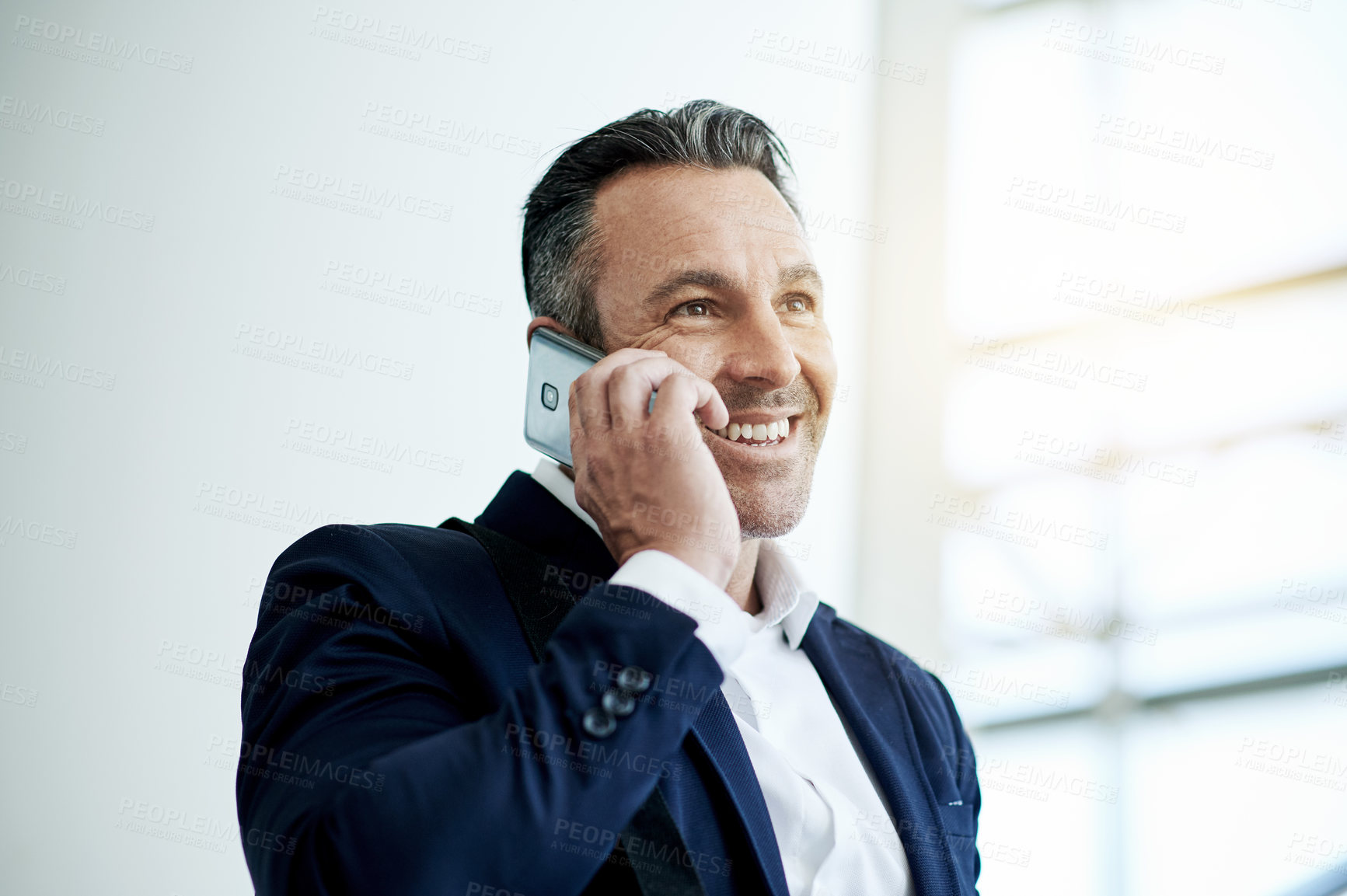 Buy stock photo Phone call, smile and thinking with business man in foyer for development negotiation or update. Communication, conversation and ideas with mature employee in lobby for discussion or management