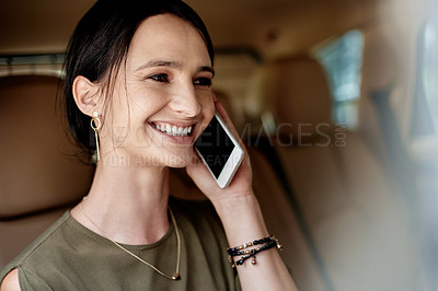 Buy stock photo Woman, taxi and phone call with smile for travel, urban commute and communication on drive. Transport, car or cab ride with business person, conversation and schedule or agenda on road to work