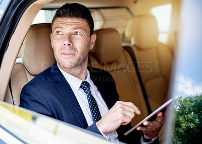 Buy stock photo Business, man and tablet in car with thinking, travel and typing in outdoor for project ideas. Male entrepreneur, internet or search in transportation with tech, communication or connectivity in city