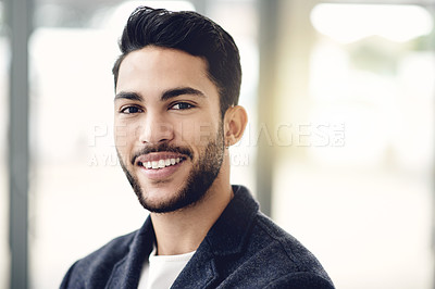 Buy stock photo Portrait, smile and business man in office with ambition, about us and pride for financial job. Corporate, worker and professional in company as tax specialist with career experience in Qatar