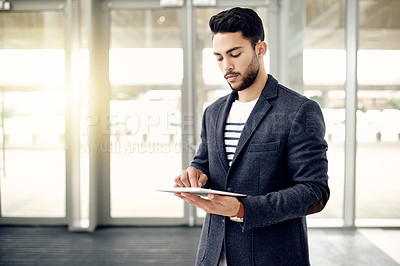 Buy stock photo Research, online and man with tablet, office or browsing of stock market on web or investment offer. Flare, trader and person with tech for economic growth on app, space and info for opportunity