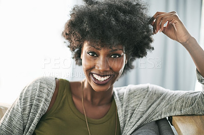 Buy stock photo Portrait, happiness and black woman in lounge, rest and comfortable on weekend, peace and apartment. Calm, person and relax on couch, smile and pride in home, break or positive attitude in Nigeria