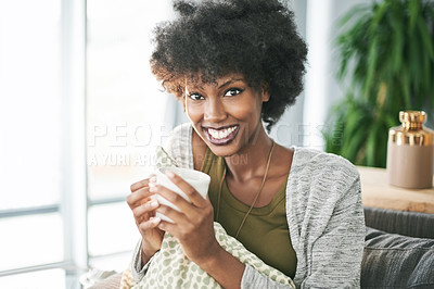 Buy stock photo Happy, drink and portrait of black woman on sofa with coffee for relax, calm and wellness in home. Living room, morning and person with beverage on couch for peace, comfortable and resting on weekend