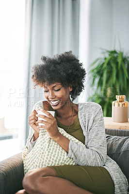 Buy stock photo Relax, coffee and portrait of black woman on sofa with drink for peace, calm and wellness in home. Living room, morning and person with beverage on couch for resting, comfortable and happy on weekend