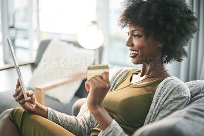 Buy stock photo Sofa, tablet and black woman with credit card in home for online shopping, internet purchase and digital sale. Happy, relax and person on tech for ecommerce, payment and discount on website store