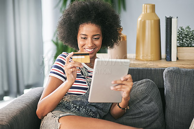 Buy stock photo Purchase, card and woman with tablet, home or happy for digital payment, online shopping and lounge. Rest, customer and African person with credit for discount, smile and tech for ecommerce in house