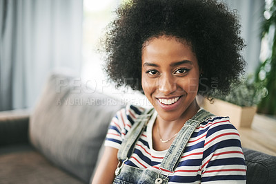 Buy stock photo Portrait, smile and woman on sofa in home for staycation, break or peace in apartment. African girl, happy and chill on couch for comfort, calm and resting to relax in living room for wellness