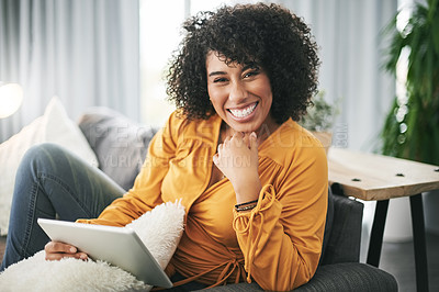 Buy stock photo Portrait, smile and tablet with woman on sofa in living room of home for download, post or update. App, break and relax with happy African person in apartment to rest on weekend for social media