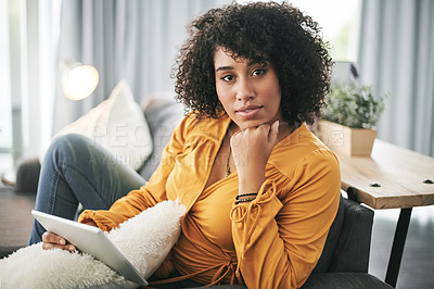 Buy stock photo Break, portrait and tablet with woman on sofa in living room of home for download, post or update. App, internet and social media with African person in apartment to relax on weekend for me time