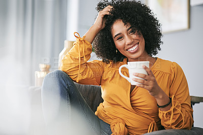 Buy stock photo Coffee, smile and portrait of woman in home with calm relax or peaceful morning on weekend break. Happy, cappuccino and female person from Brazil with warm beverage in living room at apartment.
