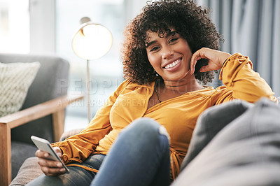 Buy stock photo Portrait, smile and woman on sofa, smartphone and message to contact, internet and relax. Home, cellphone and person on couch, happiness or connection with entertainment, website info or social media