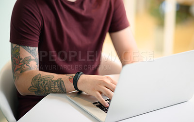 Buy stock photo Business, hands and typing on laptop in office with copywriting, blog post review and email feedback. Entrepreneur, freelancer and person with tech for research proposal, tattoos and editing article