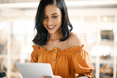 Buy stock photo Business woman, tablet and smile for news, planning and research in office with networking and email. Graphic designer, technology and design in workplace for digital agency, website and social media