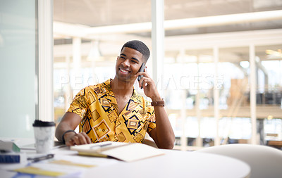 Buy stock photo Happy fashion stylist, talking or phone call for creative clothing collaboration, deal or fabric price negotiation. African man, freelancer or designer on communication technology in product sourcing