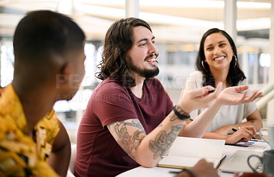 Buy stock photo Collaboration, briefing and team director planning project with coffee, discussion and ideas. Teamwork, diversity and happy business people for creative, working and presentation in meeting in office
