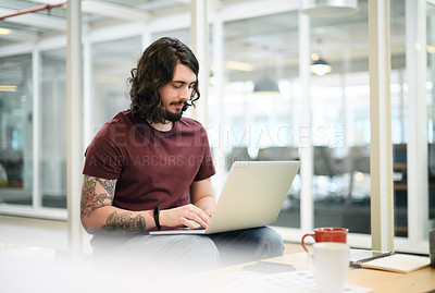 Buy stock photo Business man, laptop and working for planning, research and company project in office with coffee. Writer, technology and typing for storytelling, ebook and article publication as creative employee