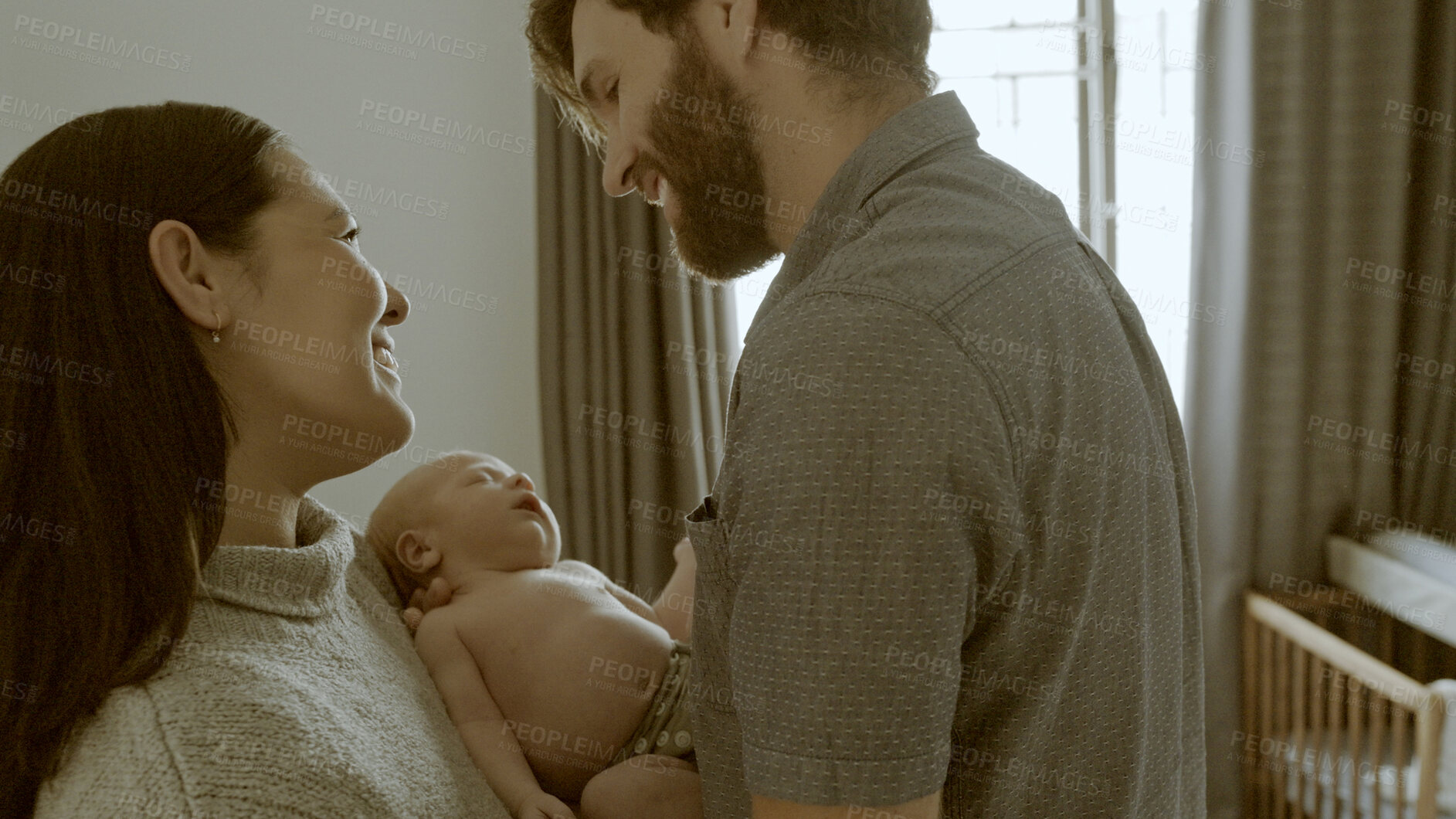 Buy stock photo Couple, newborn and parents love baby as support, care or bonding in a home as fun, affection or childcare together. Happiness, dad and mother relax in bedroom with infant kid as family in house