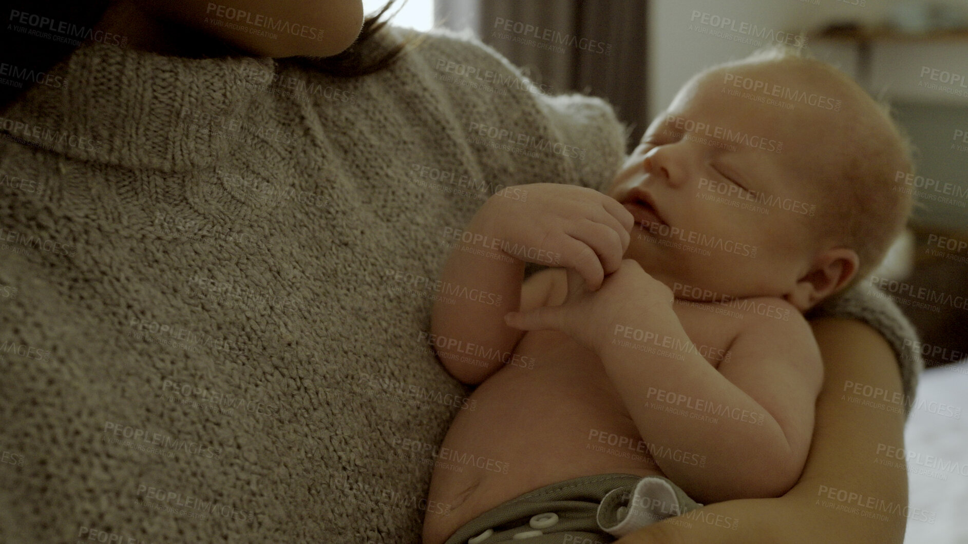 Buy stock photo Hands, newborn and parent with sleeping baby as care, love or bonding in a home as affection together. Infant, support and mom relax in bedroom with kid as family in house for childcare and comfort