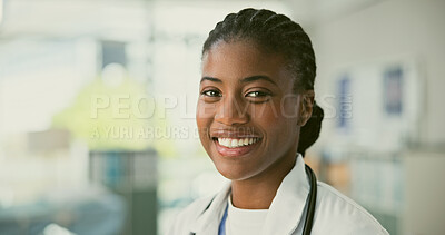 Buy stock photo Clinic doctor, smile and portrait black woman, GP or medical consultant happy for hospital service, trust or job experience. African nurse, surgeon face or general practitioner for health support