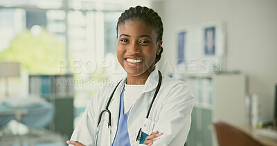 Buy stock photo Healthcare doctor, happiness and portrait black woman, nurse or medicine expert smile for work commitment. Professional medic services, surgeon face and African cardiologist for clinic support help