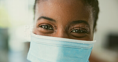 Buy stock photo Portrait, person and mask with closeup for virus, disease or illness with protection for safety in pandemic. Black woman, eyes and face with happiness for compliance, regulations or rules for covid