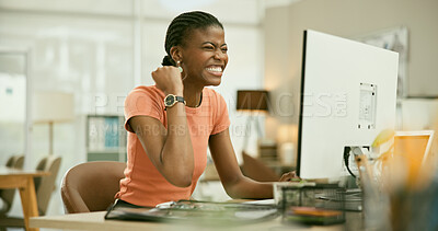 Buy stock photo Office computer, fist pump and black woman excited for online feedback, success news or winning company bonus. Winner notification, competition and professional agent celebrate project achievement